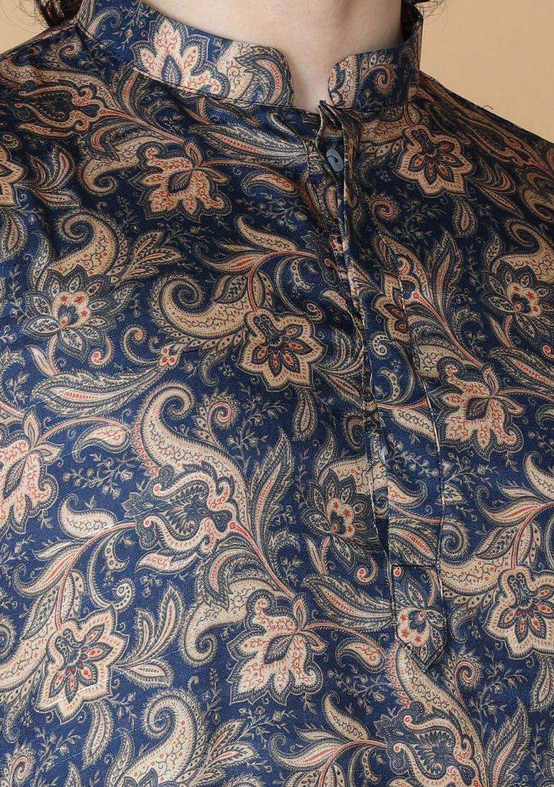 Navy Blue Printed Silk Blend Kurta Set For Men - Indya