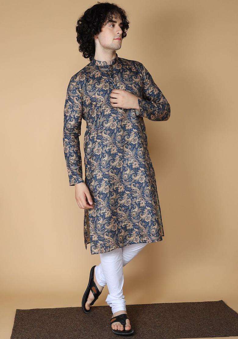 Navy Blue Printed Silk Blend Kurta Set For Men - Indya
