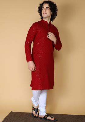 Maroon Embroidered Cotton Kurta Set For Men