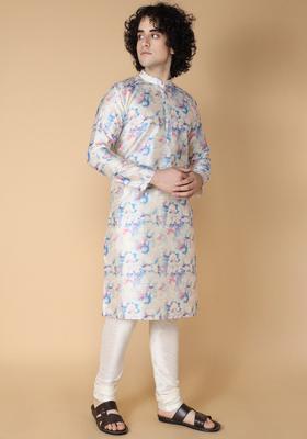 Off White Printed Silk Kurta Set For Men