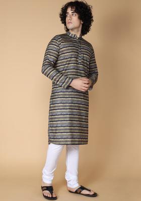 Green Printed Cotton Kurta Set For Men