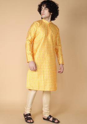 Yellow Printed Silk Kurta Set For Men