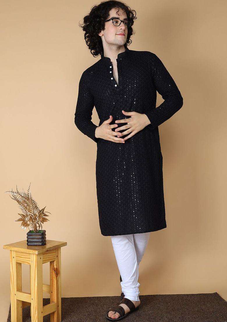 Black Self Design Cotton Kurta Set For Men - Indya