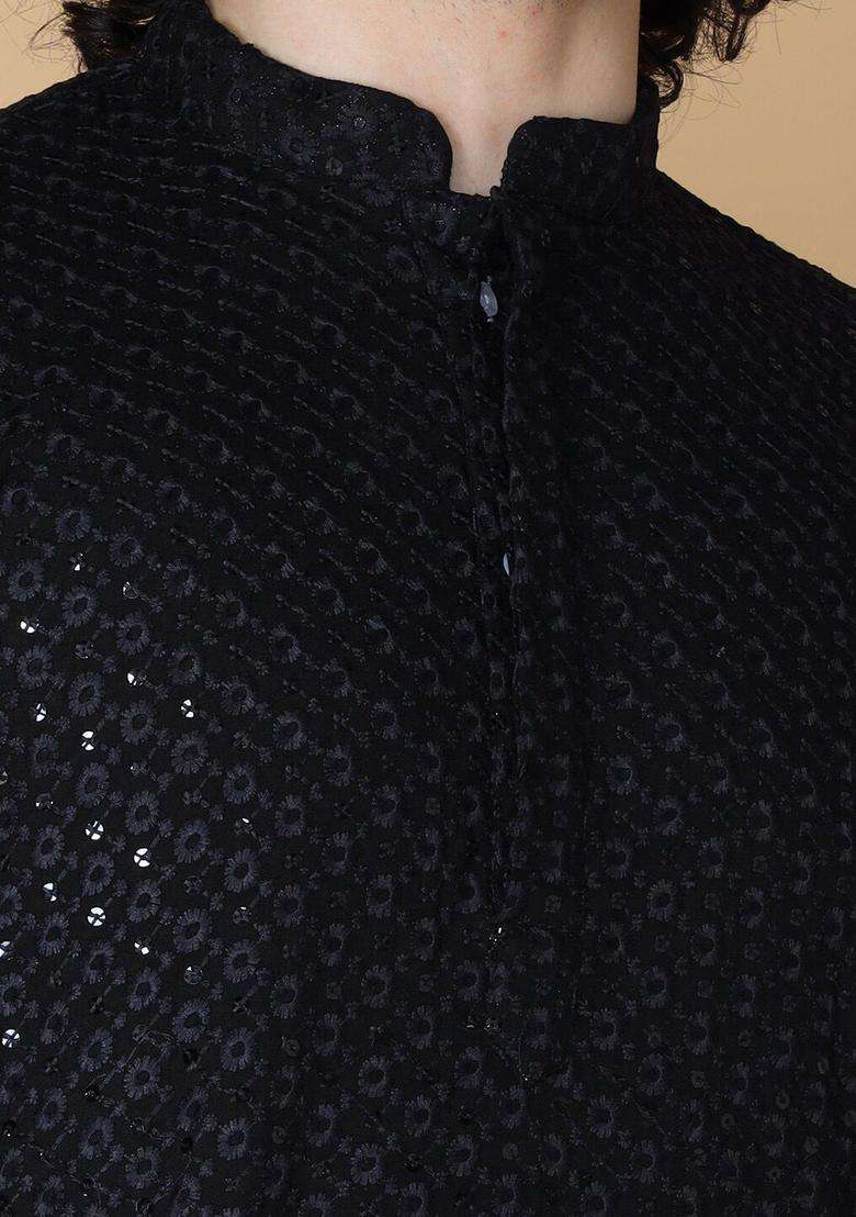 Black Self Design Cotton Kurta Set For Men - Indya