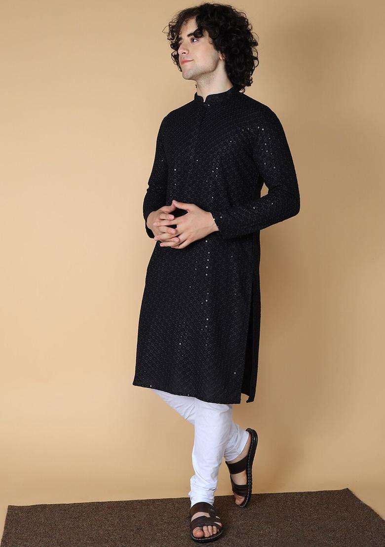 Black Self Design Cotton Kurta Set For Men - Indya