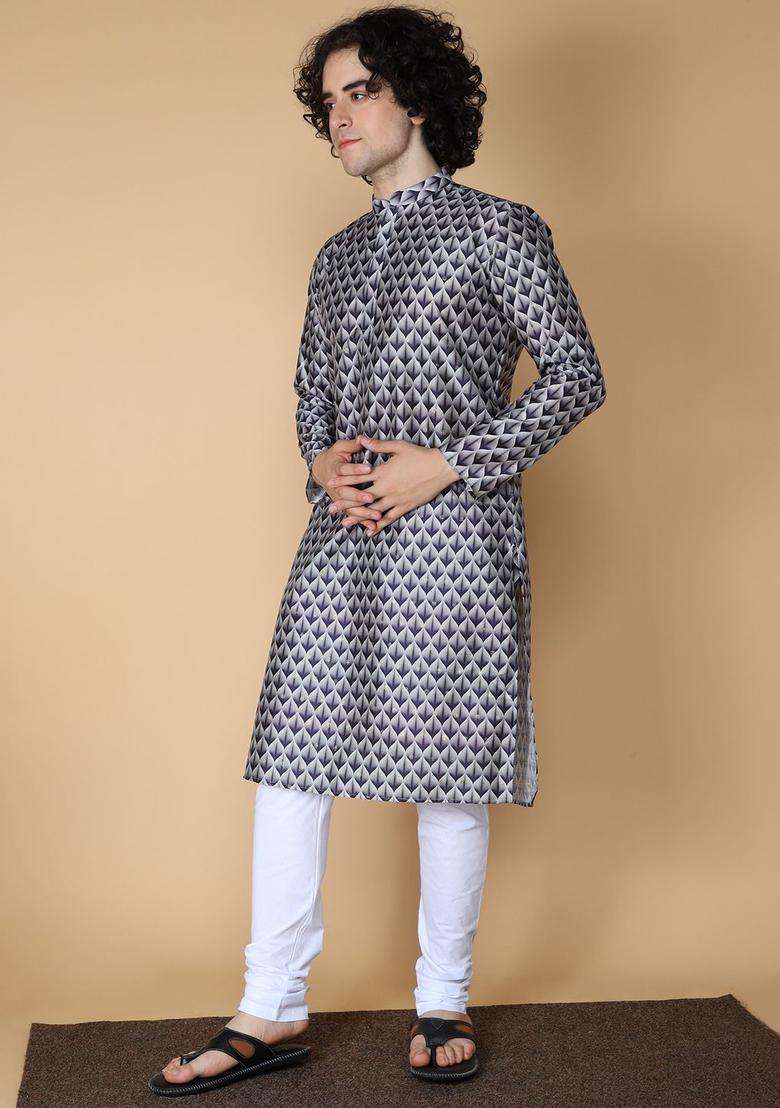 Navy Blue Printed Silk Blend Kurta Set For Men - Indya