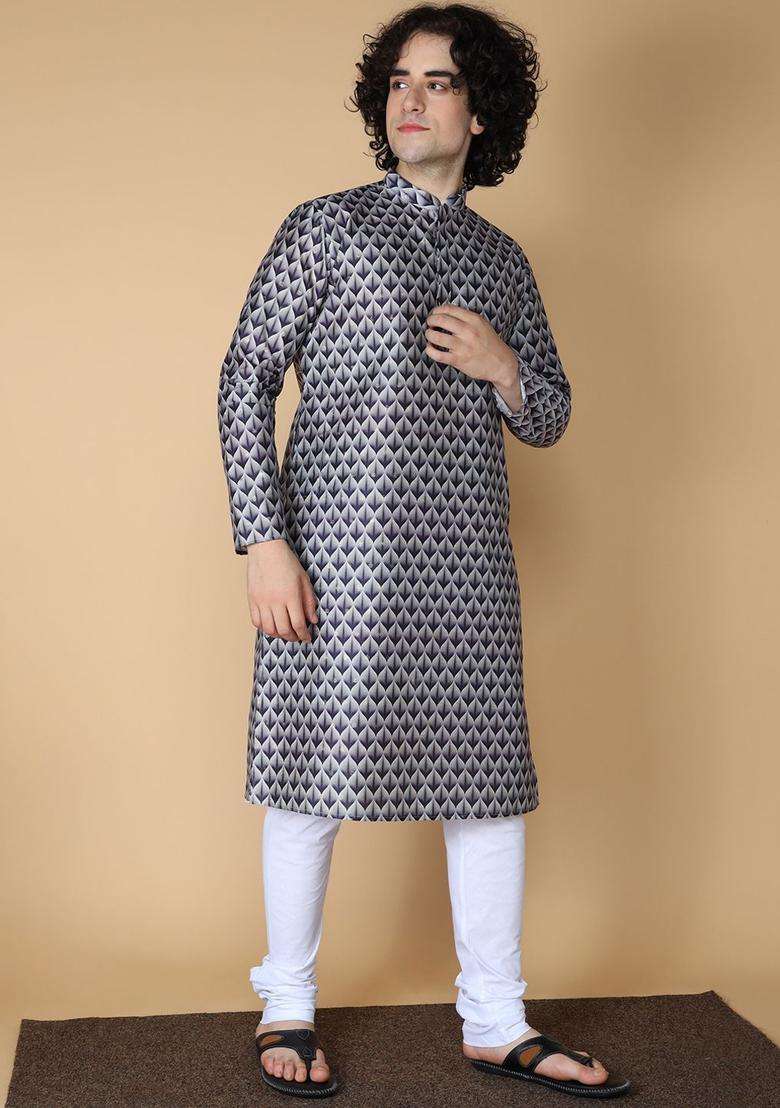 Navy Blue Printed Silk Blend Kurta Set For Men - Indya