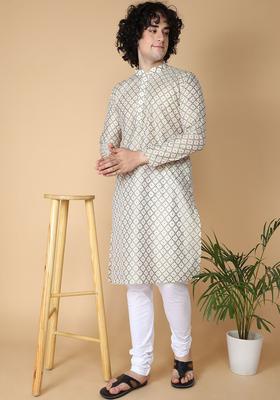 White Woven Design Cotton Kurta Set For Men