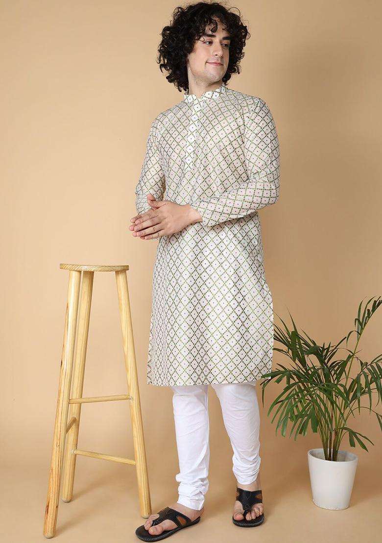 White Woven Design Cotton Kurta Set For Men - Indya