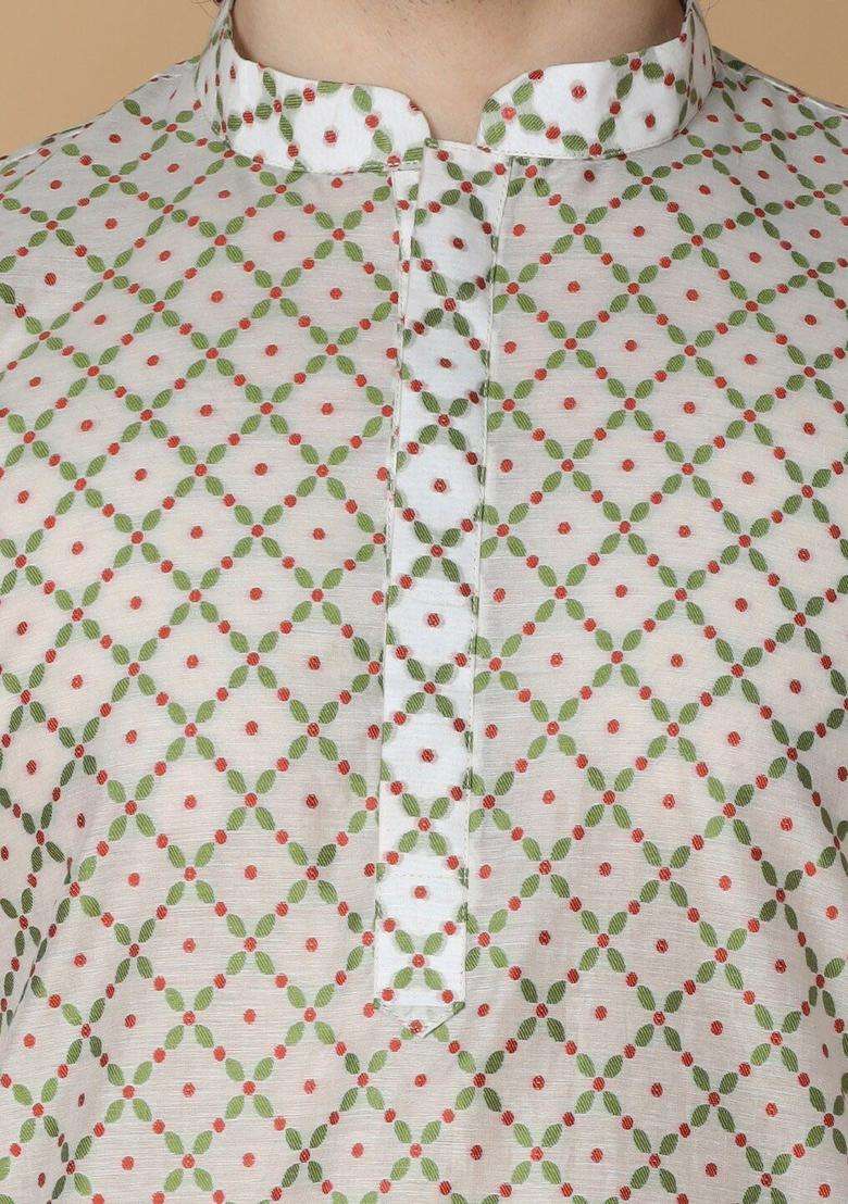 White Woven Design Cotton Kurta Set For Men - Indya
