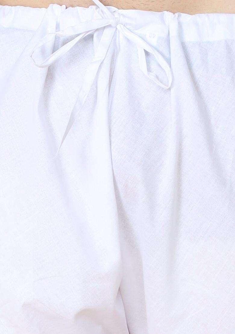 White Woven Design Cotton Kurta Set For Men - Indya