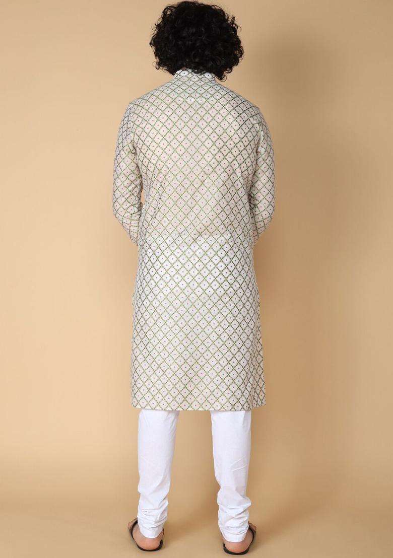 White Woven Design Cotton Kurta Set For Men - Indya