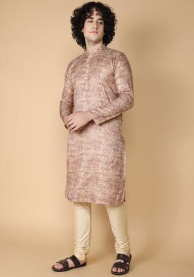 Maroon Printed Silk Kurta Set For Men