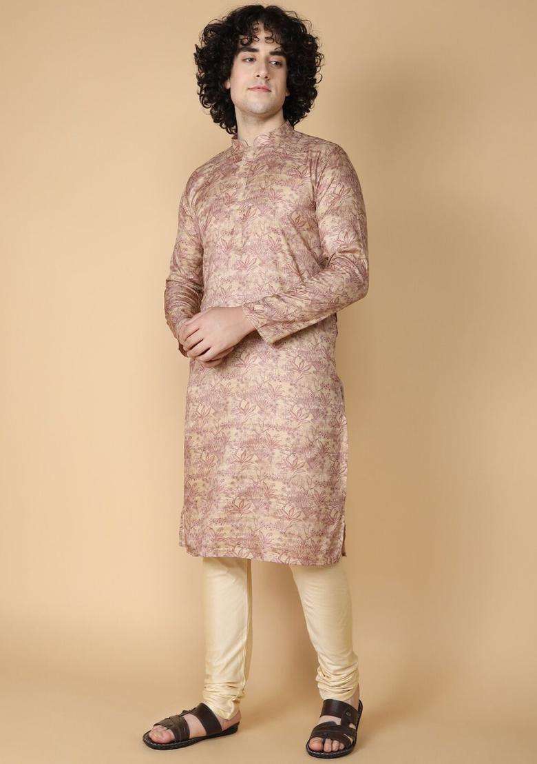 Maroon Printed Silk Blend Kurta Set For Men - Indya