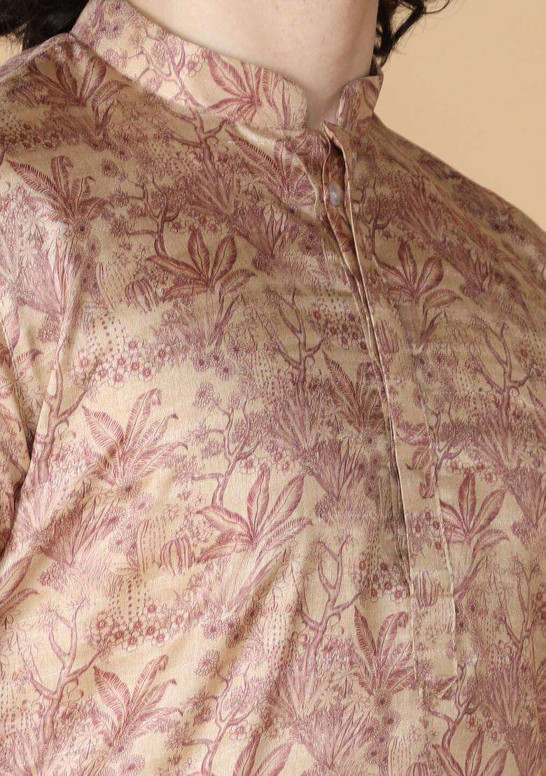 Maroon Printed Silk Blend Kurta Set For Men - Indya