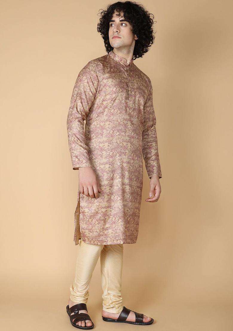 Maroon Printed Silk Blend Kurta Set For Men - Indya