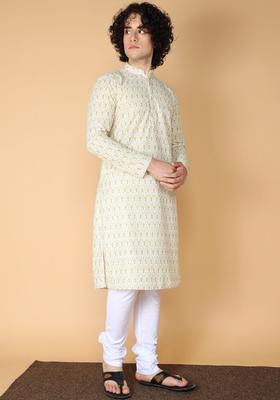 White Embroidered Cotton Kurta Set For Men