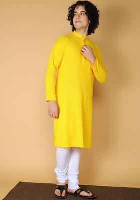 Yellow Embroidered Cotton Kurta Set For Men
