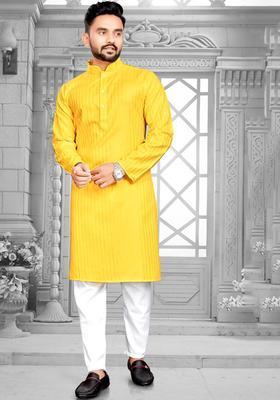 Yellow Striped Cotton Kurta Set For Men