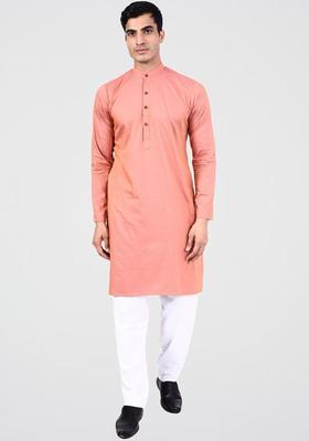 Pink Solid Cotton Kurta Set For Men