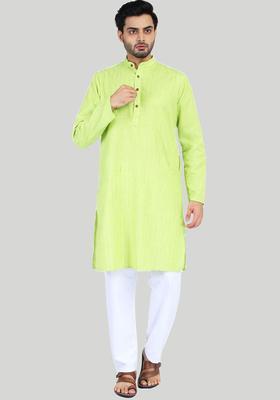 Green Striped Cotton Kurta Set For Men
