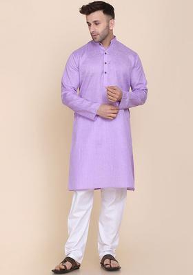 Purple Solid Cotton Kurta Set For Men