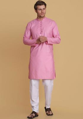 Pink Solid Cotton Kurta Set For Men