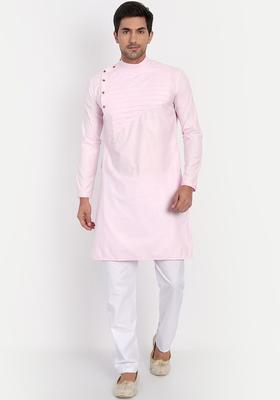 Pink Solid Cotton Kurta Set For Men