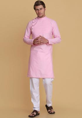 Pink Solid Cotton Kurta Set For Men