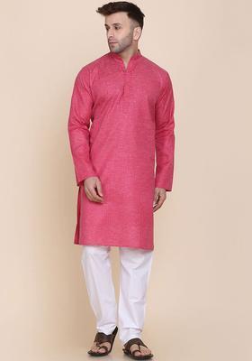 Pink Solid Cotton Kurta Set For Men