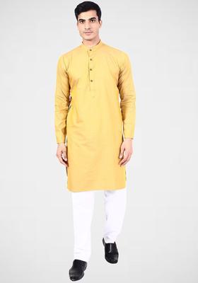 Yellow Solid Cotton Kurta Set For Men