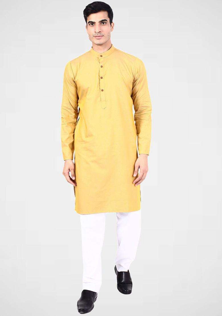 Yellow Solid Cotton Kurta Set For Men - Indya