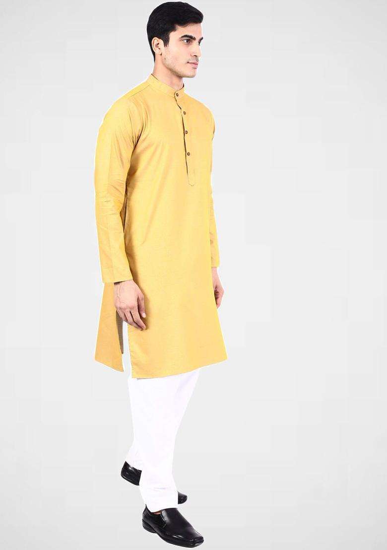 Yellow Solid Cotton Kurta Set For Men - Indya