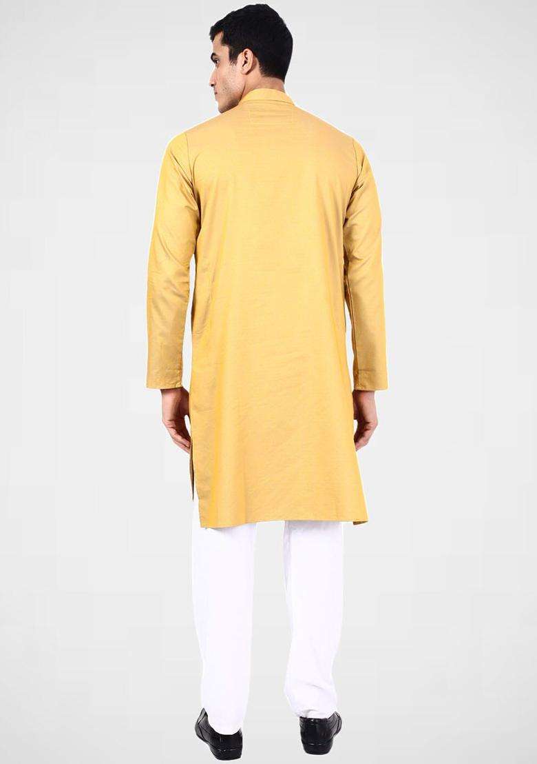 Yellow Solid Cotton Kurta Set For Men - Indya