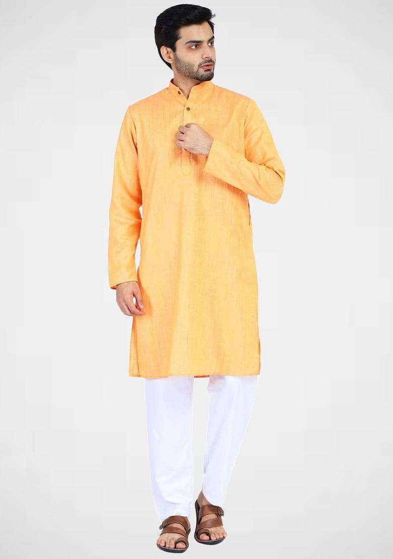 Orange Solid Cotton Kurta Set For Men - Indya