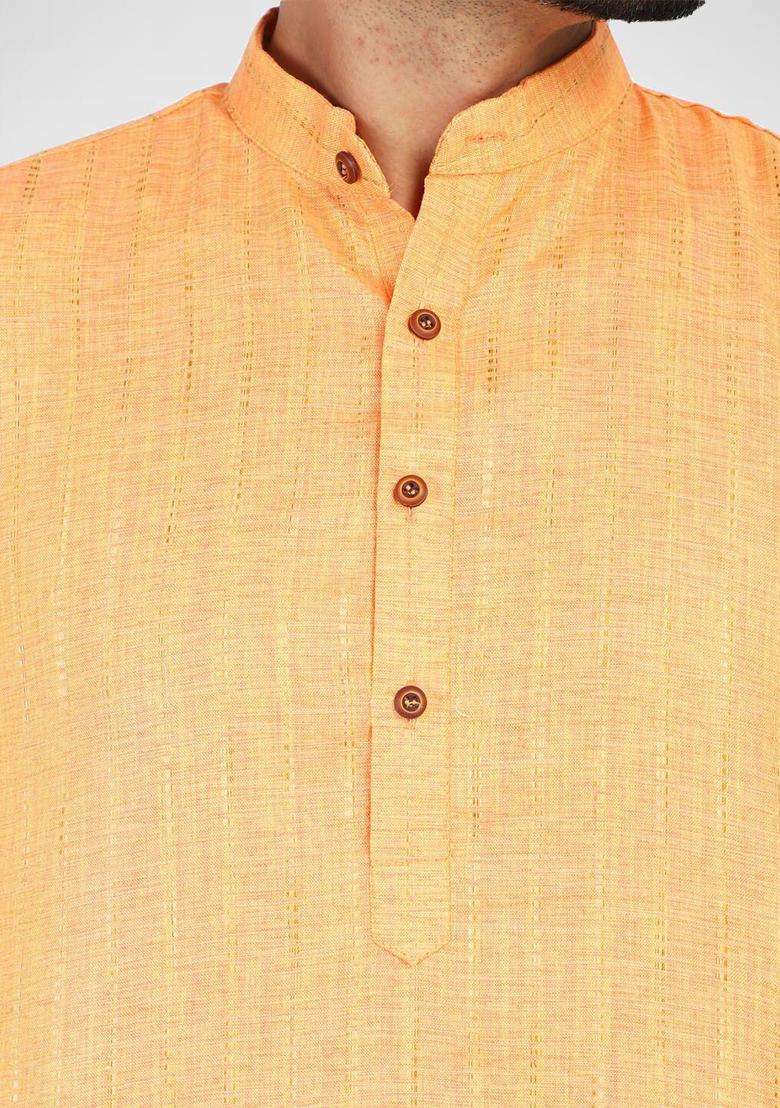 Orange Solid Cotton Kurta Set For Men - Indya