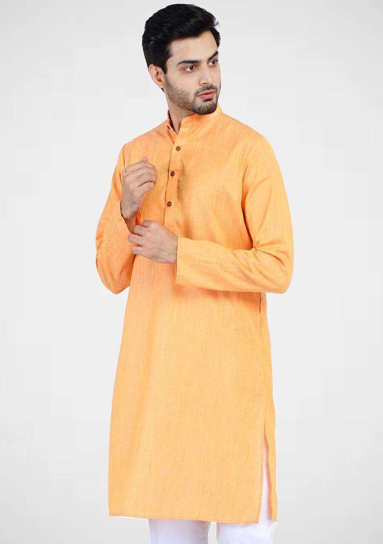 Orange Solid Cotton Kurta Set For Men - Indya
