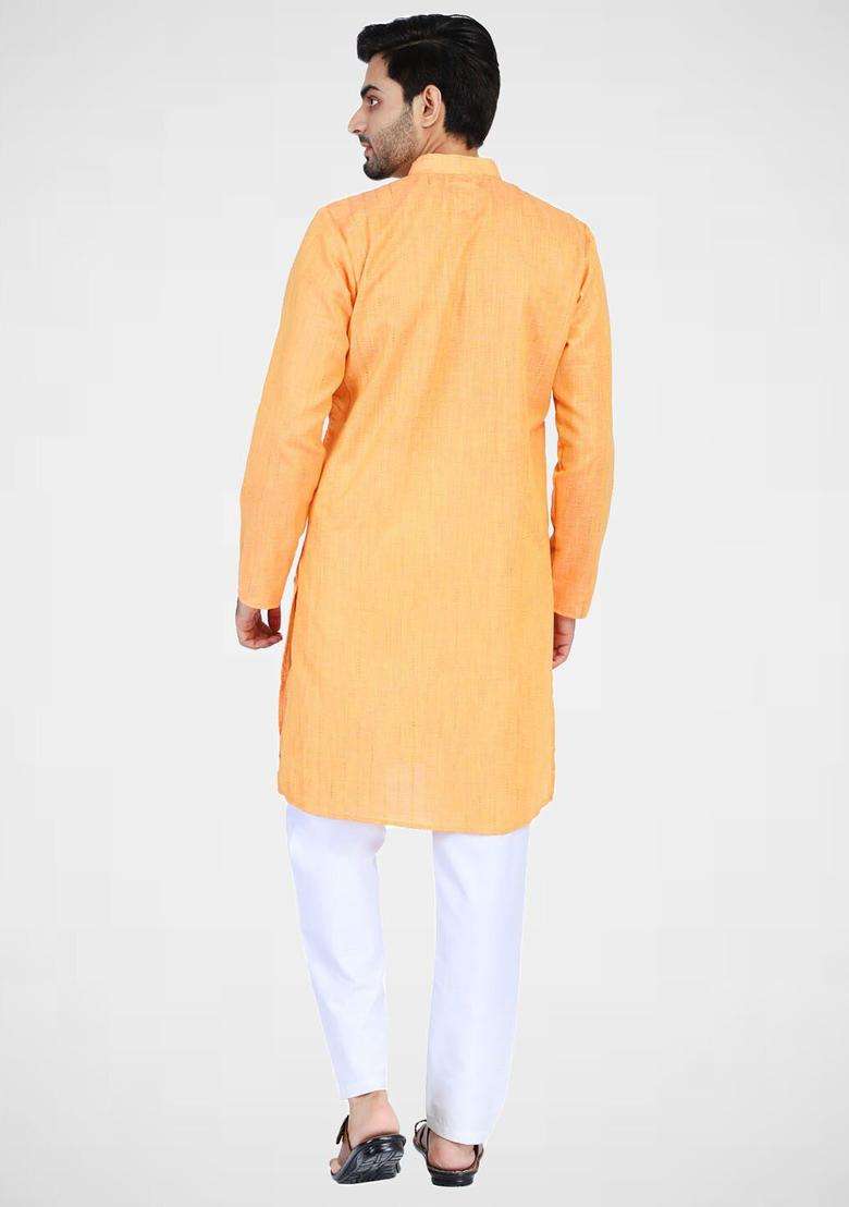 Orange Solid Cotton Kurta Set For Men - Indya