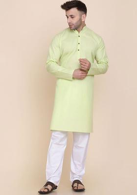 Green Solid Cotton Kurta Set For Men