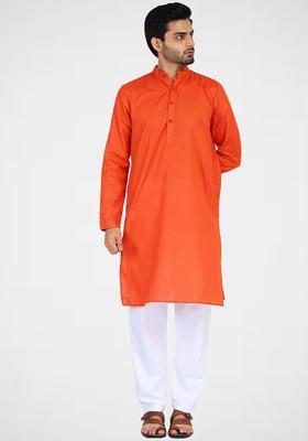 Orange Solid Cotton Kurta Set For Men
