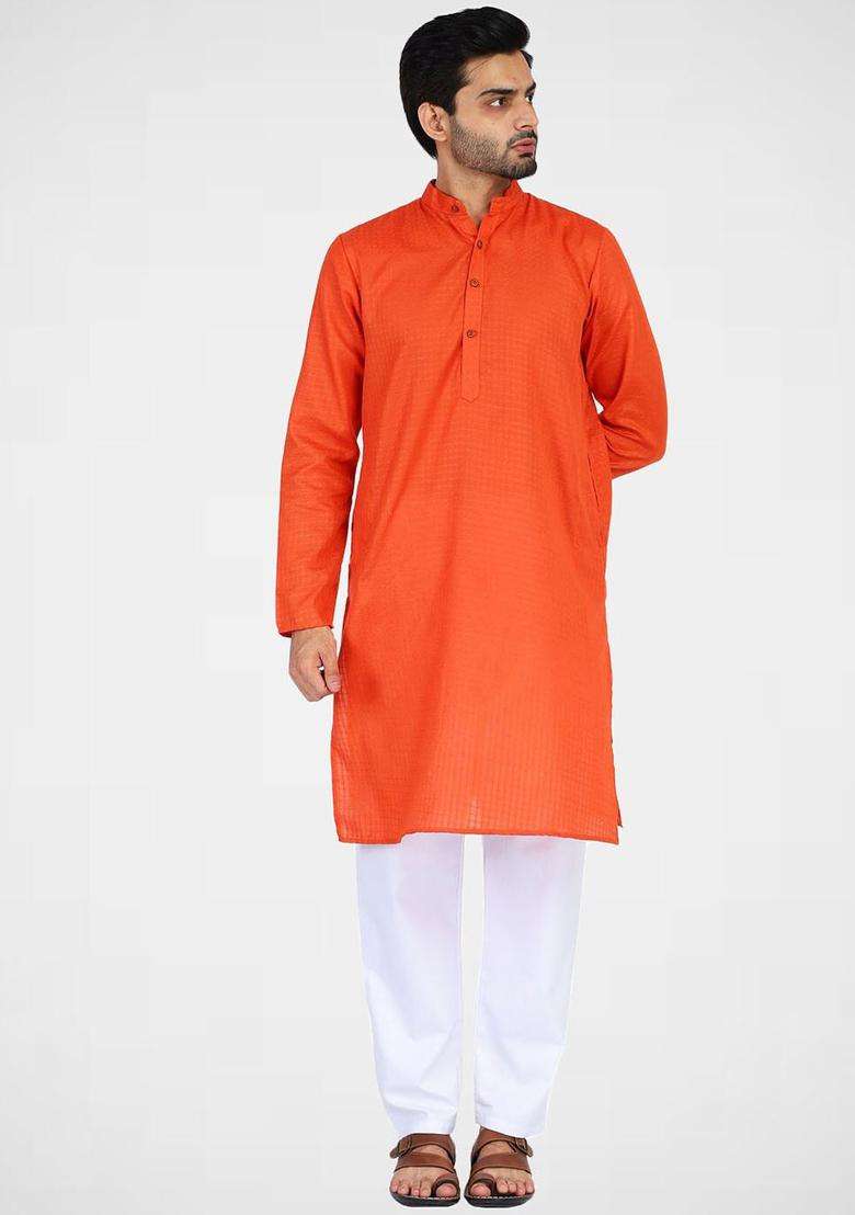 Orange Solid Cotton Kurta Set For Men - Indya