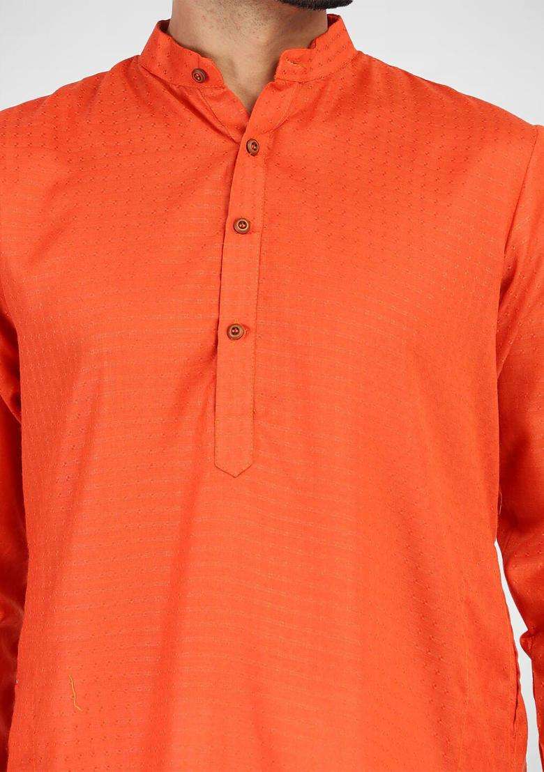 Orange Solid Cotton Kurta Set For Men - Indya