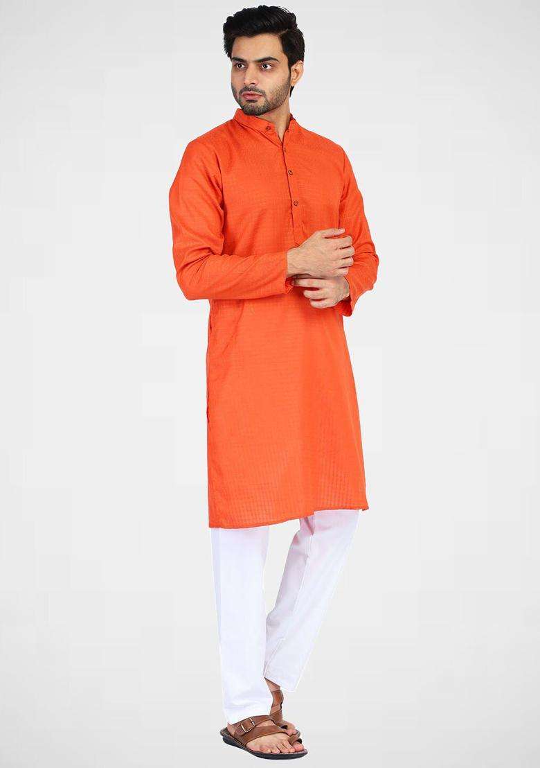 Orange Solid Cotton Kurta Set For Men - Indya