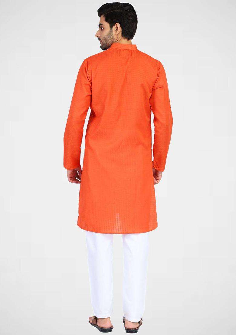 Orange Solid Cotton Kurta Set For Men - Indya