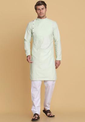 Green Solid Cotton Kurta Set For Men