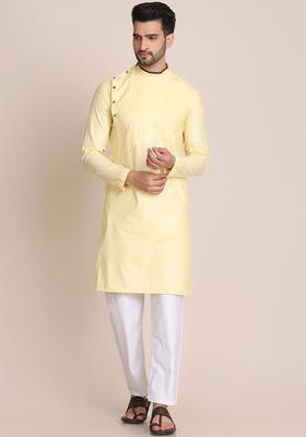 Yellow Solid Cotton Kurta Set For Men
