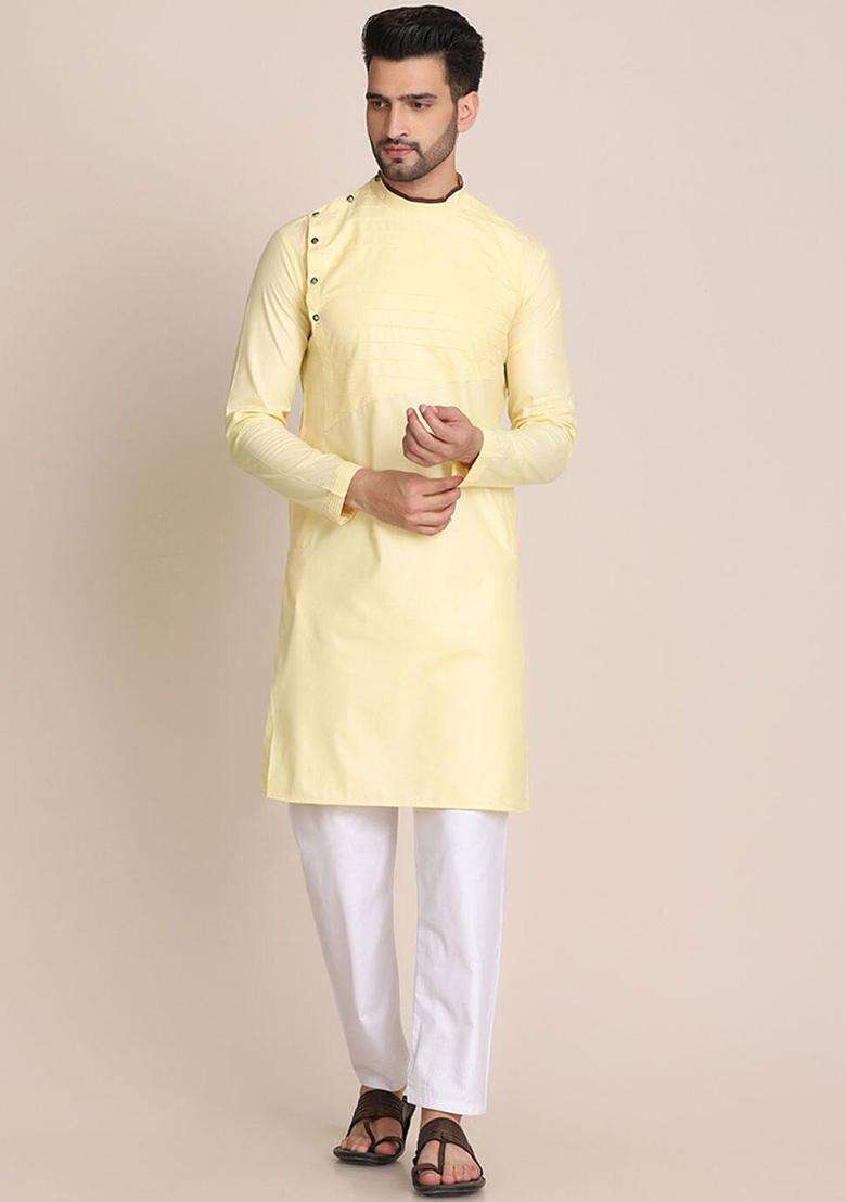 Yellow Solid Cotton Kurta Set For Men - Indya