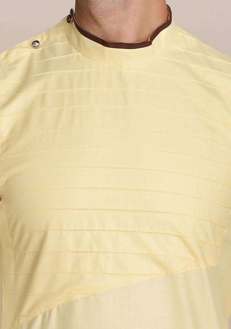 Yellow Solid Cotton Kurta Set For Men - Indya