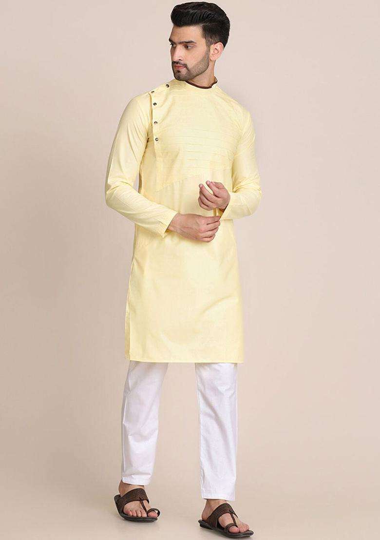 Yellow Solid Cotton Kurta Set For Men - Indya
