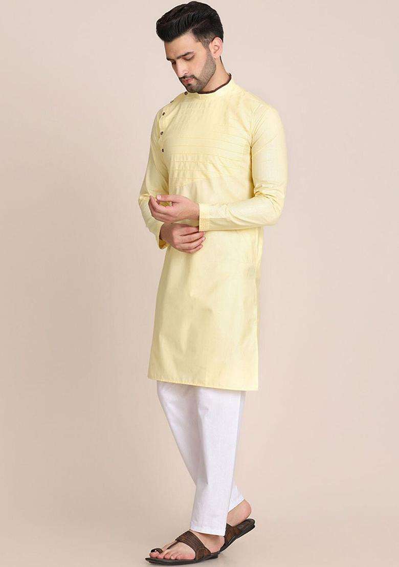 Yellow Solid Cotton Kurta Set For Men - Indya